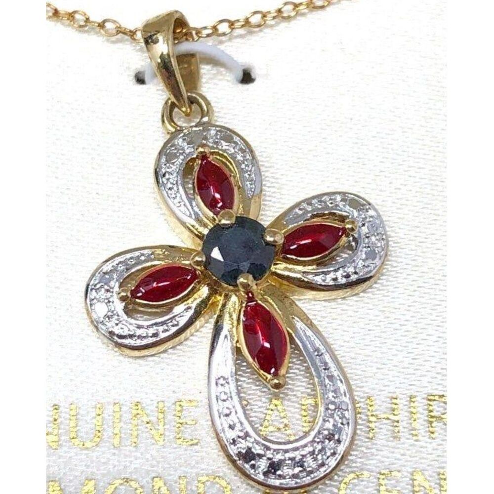 18K Gold Over 925 Sterling NWT Genuine Sapphire Diamond Accent Cross Necklace